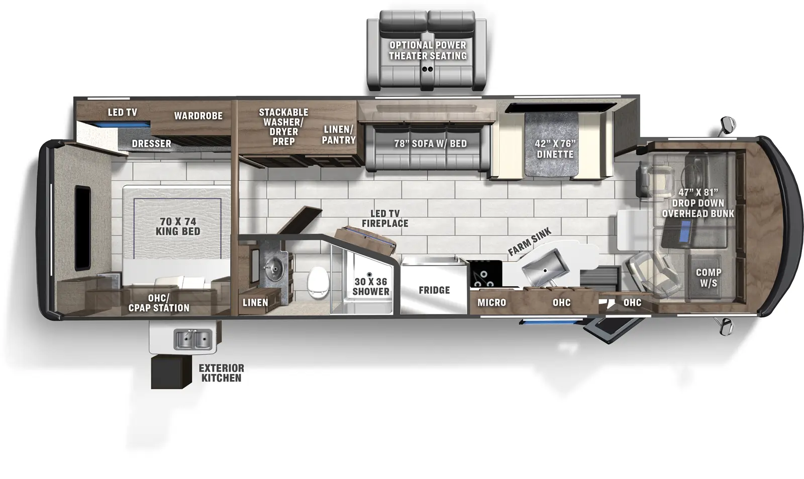 The Mirada 33SS floorplan has one entry and one slide out. Exterior features include: 15' & 10' awning, outside entertainment and outside kitchen. Interiors features include: rear bedroom, bunk over cab and dinette.